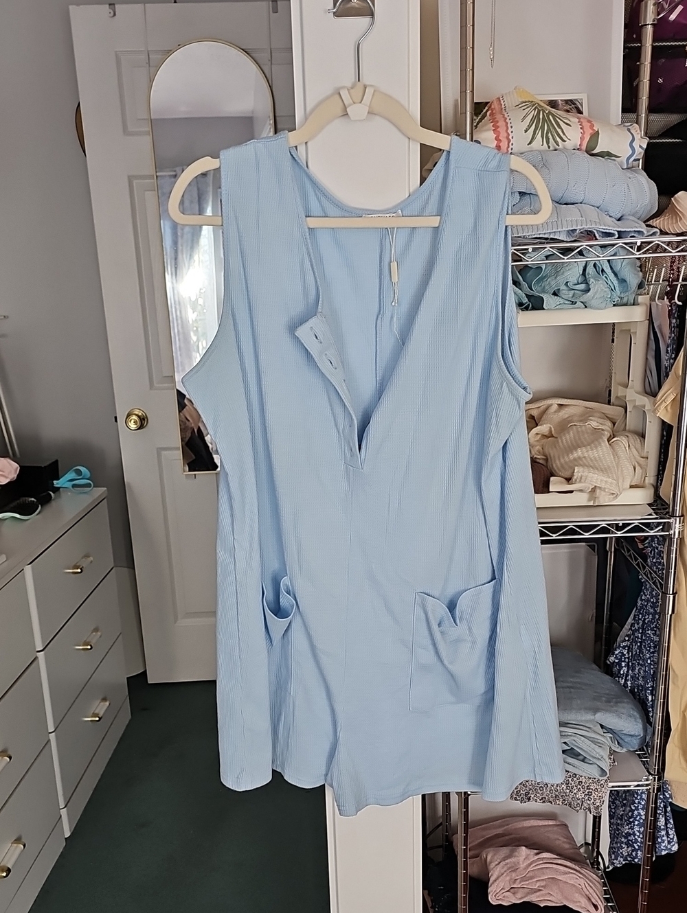 Sleeveless Light Blue V-Neck Tunic Romper